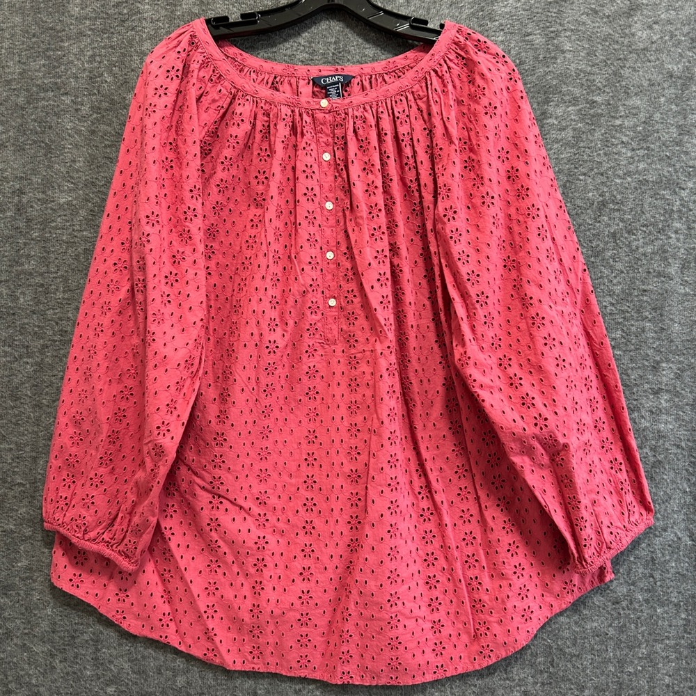 Chaps Tunic Top Women 2X Pink Eyelet Boho Peasant Cottagecore Henley Pullover - Picture 1 of 9